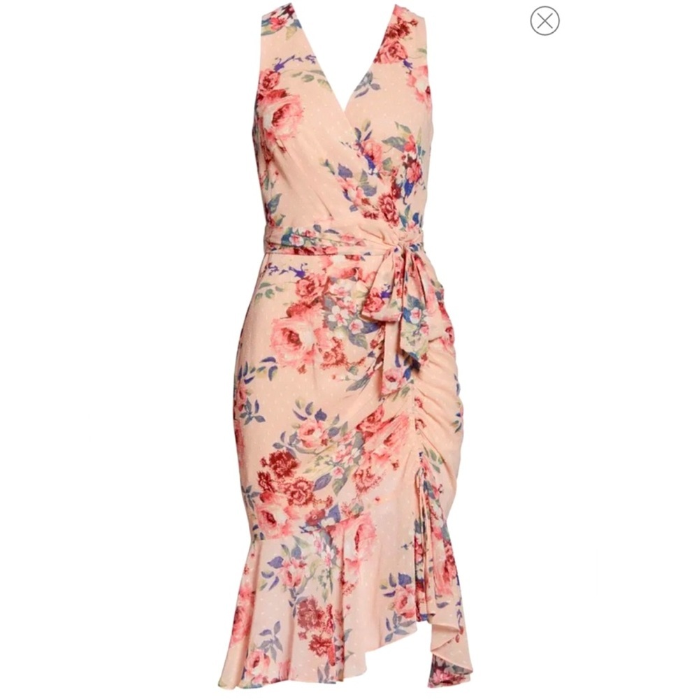 Eliza J Pink Floral Midi Dress with Wrap Waist